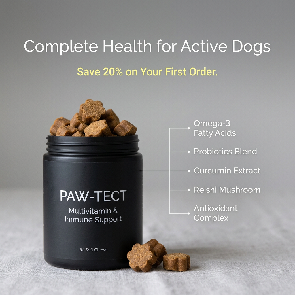 Matte black PAW-TECT multivitamin jar overflowing with flower-shaped soft chews, with five ingredient callouts on grey