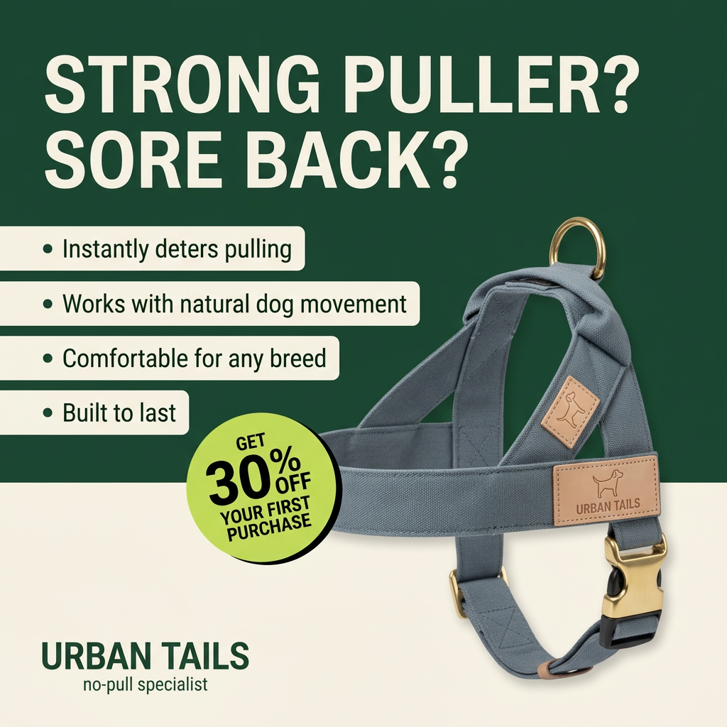 Slate-blue canvas no-pull harness with brass buckle and leather patch beside four benefits and a 30% off badge