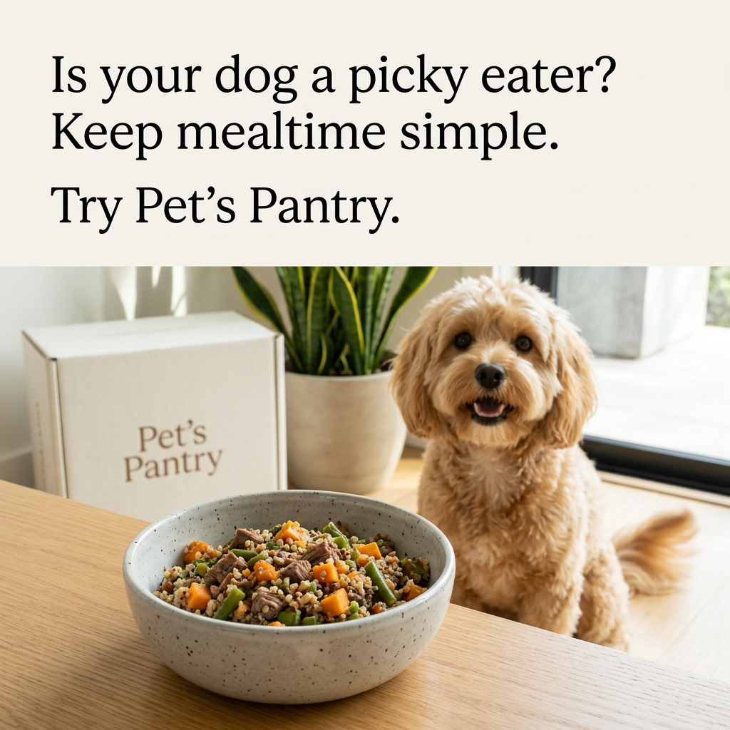 Happy doodle sitting by a window behind a speckled bowl of fresh beef, grains and vegetables, with a Pet's Pantry box