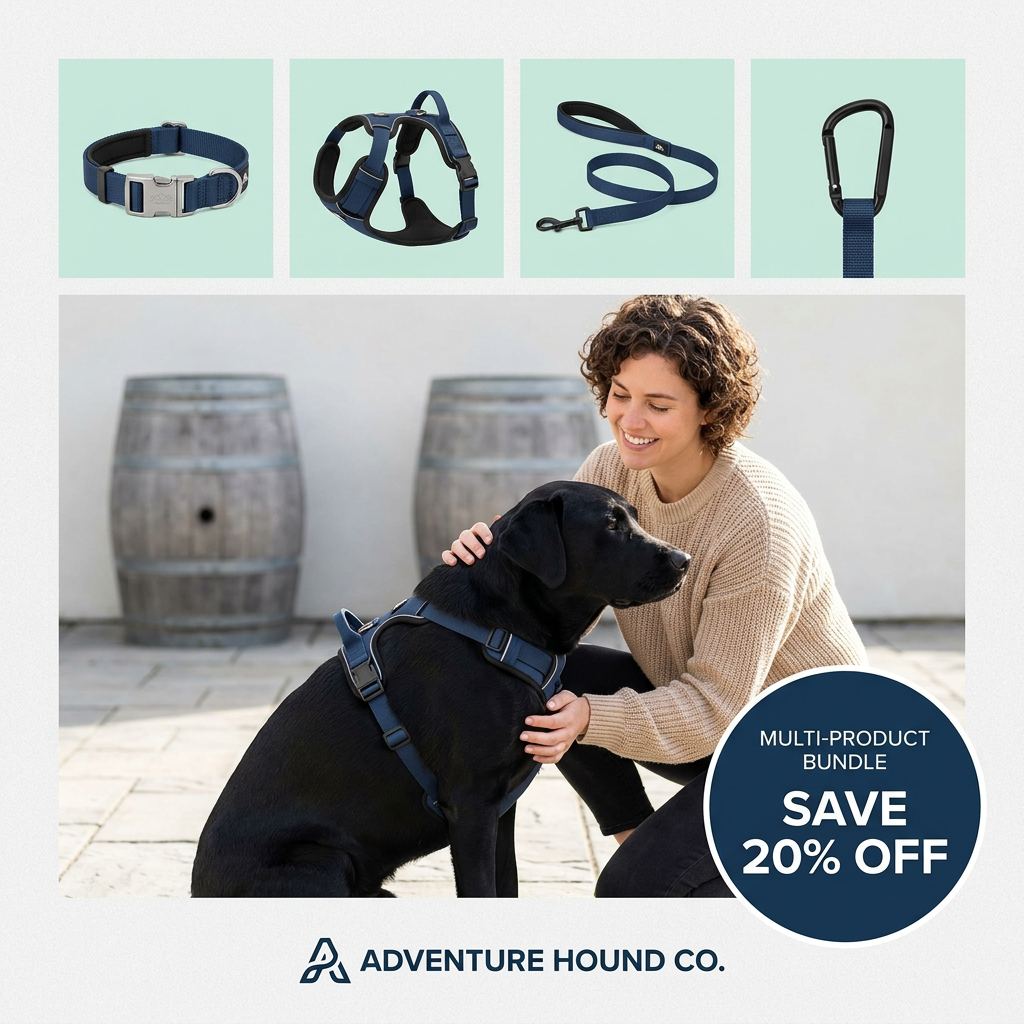 Four mint tiles of navy dog gear above a smiling woman hugging a black Labrador in a navy harness, with a save 20% badge