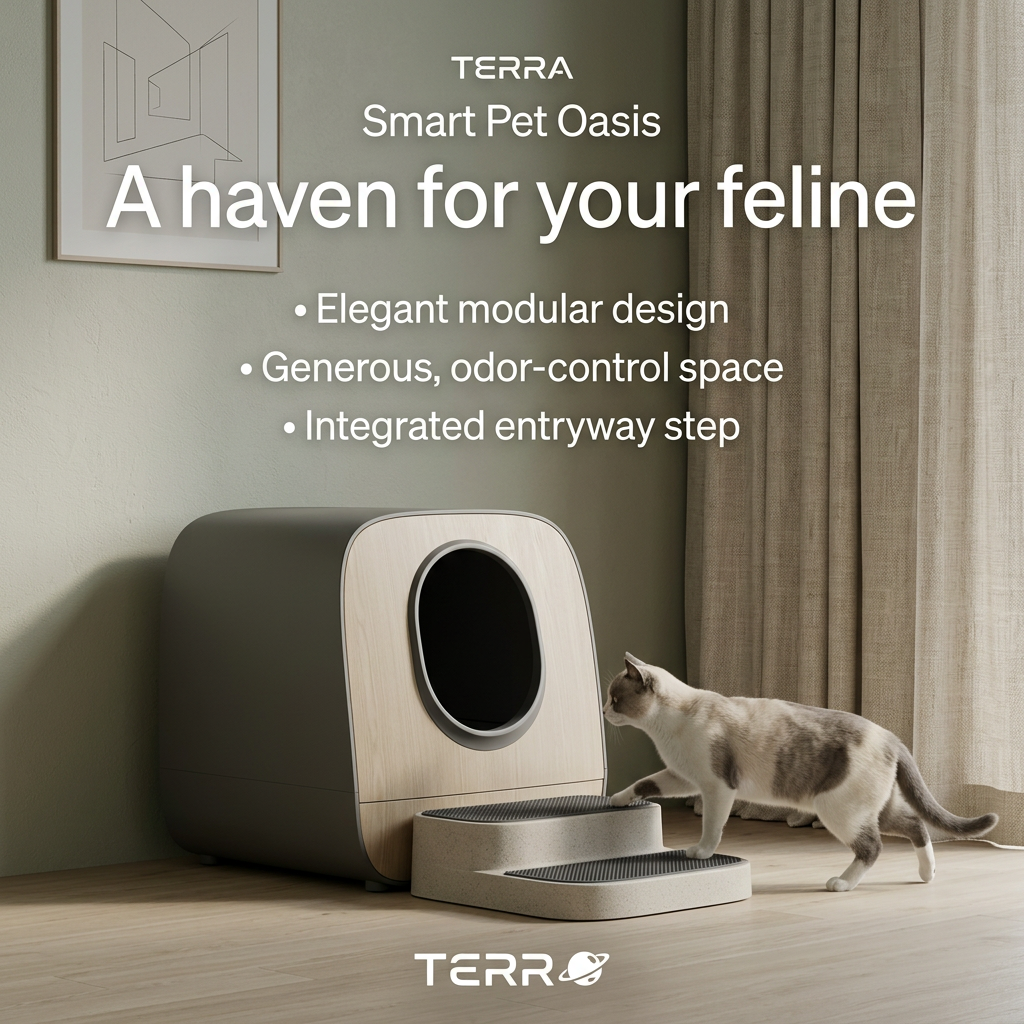 Cat stepping onto the entry step of a sleek grey and wood TERRA smart litter box in a sage-green room with linen curtains