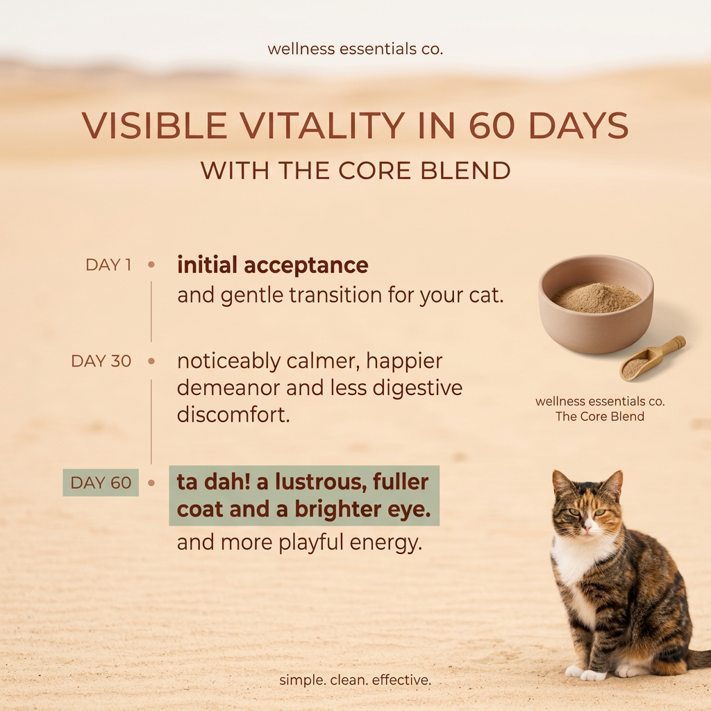 Day 1, 30 and 60 cat supplement timeline on a sandy background, with a bowl of powder, a wooden scoop and a calico cat
