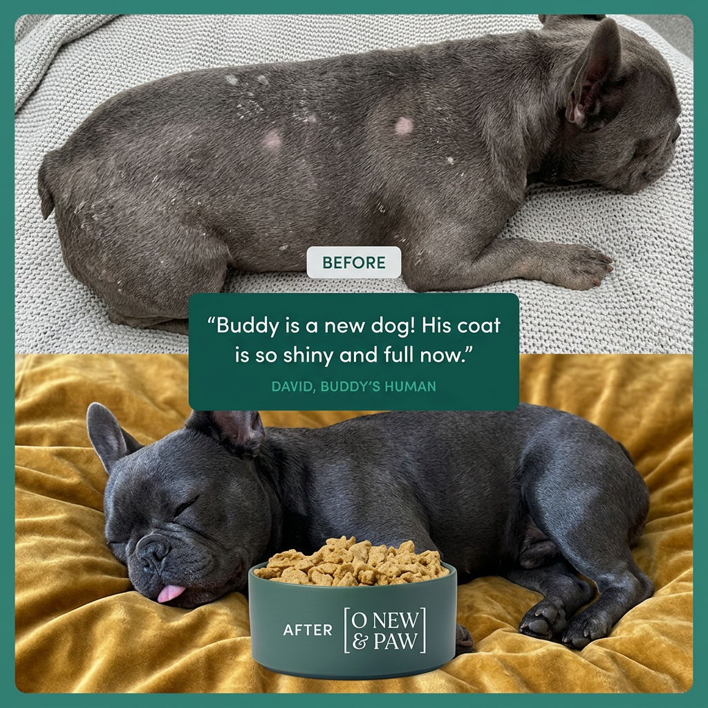 French bulldog with patchy, flaky skin before, and the same dog sleeping with a shiny coat beside a bowl of kibble after