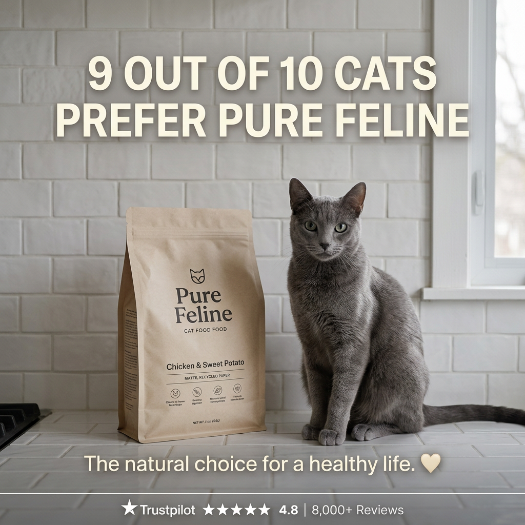 Grey Russian Blue-type cat sitting beside a kraft-paper Pure Feline cat food bag on a white tiled kitchen counter