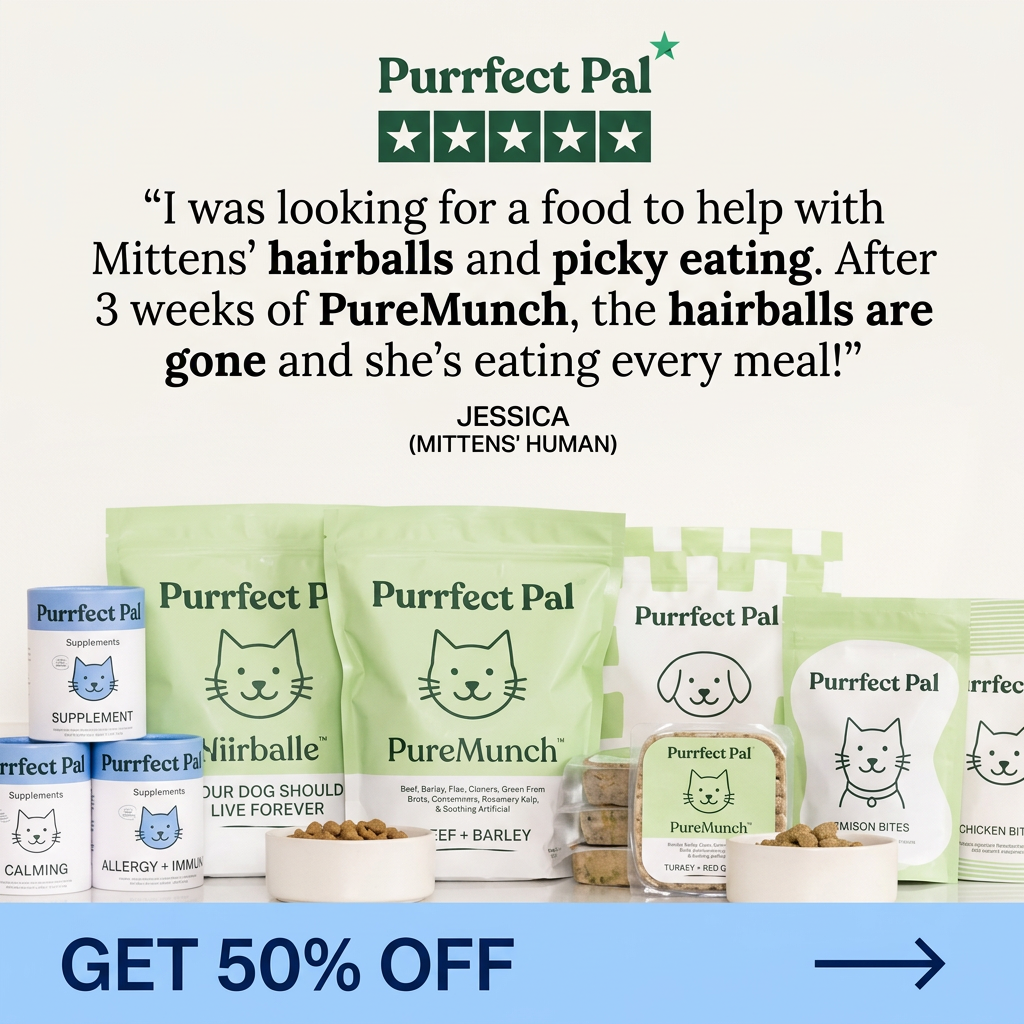 Customer review about a cat's hairballs above a lineup of green Purrfect Pal food bags, supplement tubs and bowls of kibble