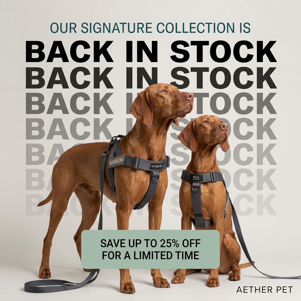 Two Vizslas in grey Aether Pet harnesses standing in front of repeating, fading 'back in stock' text with a 25% off panel