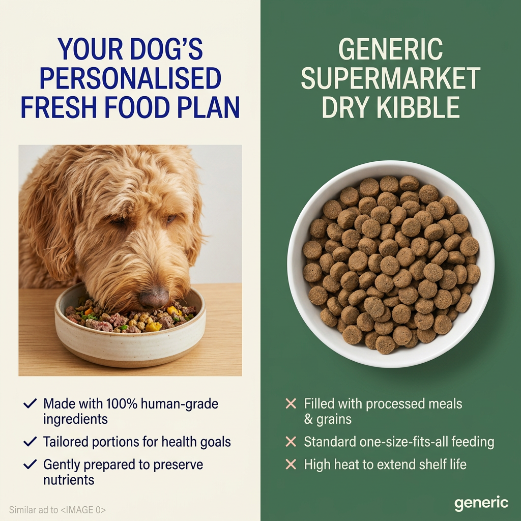 Split screen: doodle eating fresh food with three ticks on cream, versus a bowl of dry kibble with three crosses on green