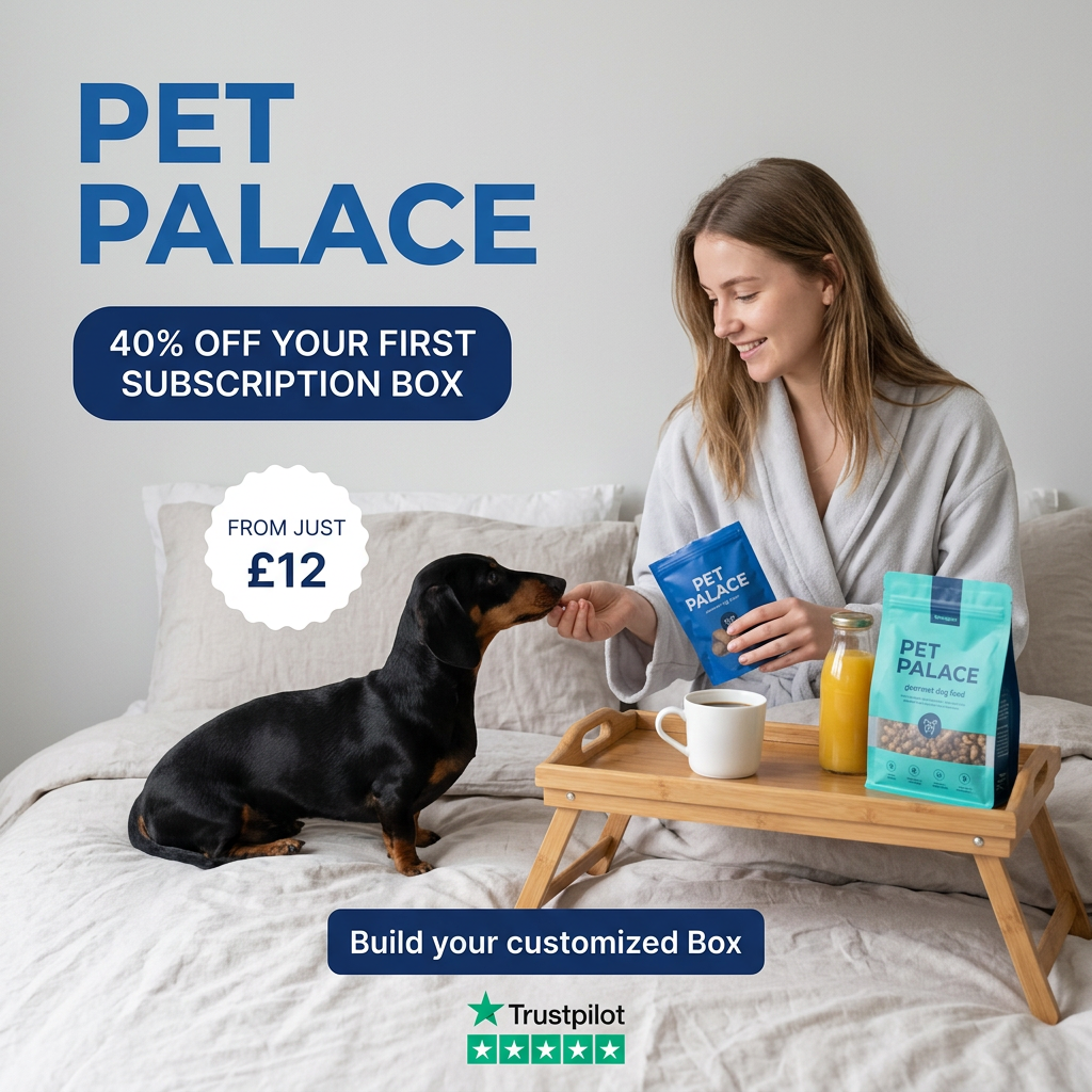 Woman in a bathrobe feeding a dachshund a treat in bed beside a breakfast tray with coffee, juice and a Pet Palace food bag