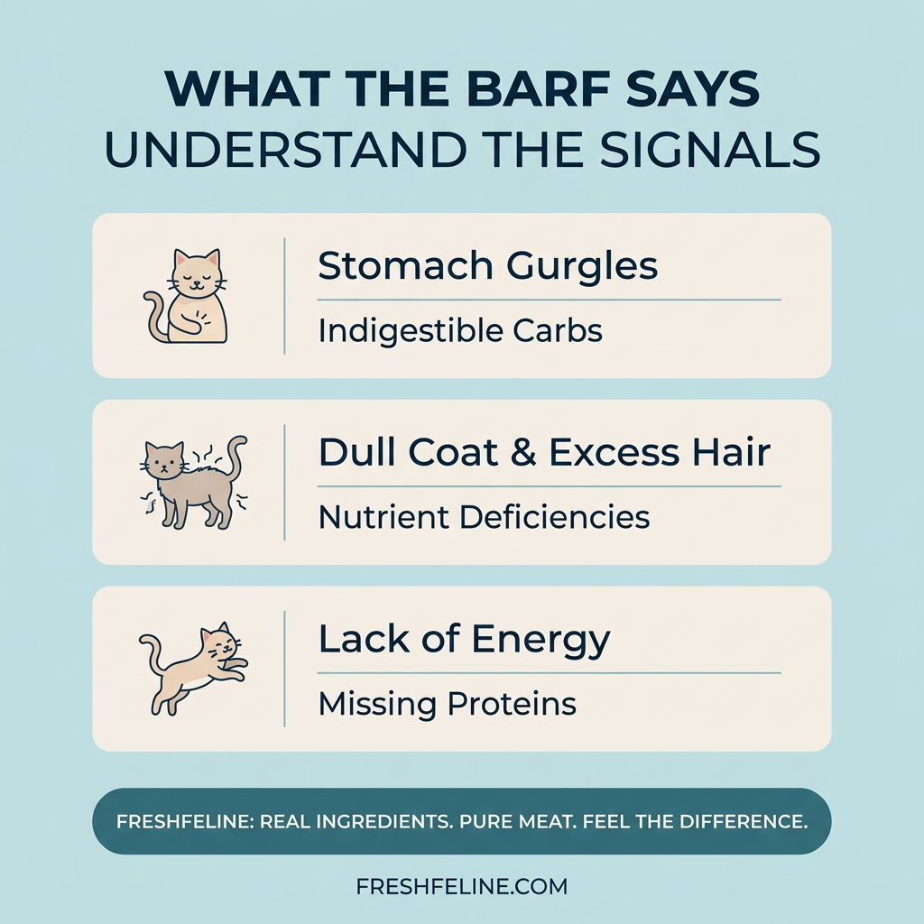 Three illustrated cards linking cat stomach gurgles, dull coat and low energy to diet causes, with a FreshFeline banner