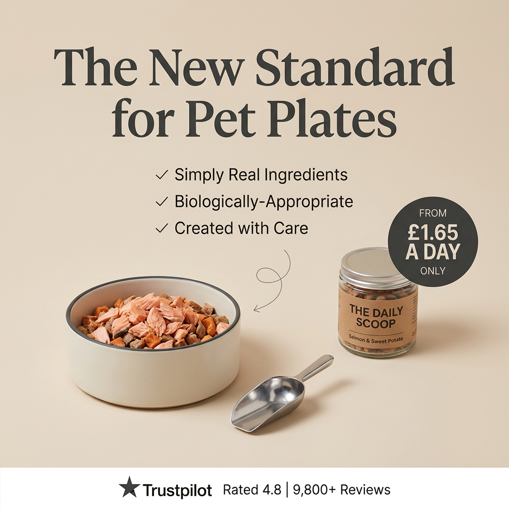 Bowl of salmon and sweet potato pet food beside a jar labelled The Daily Scoop, a metal scoop and a from £1.65 a day badge