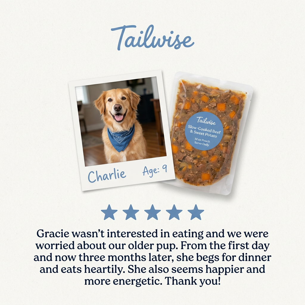 Polaroid of a happy golden retriever in a blue bandana labelled Charlie, Age 9, beside a Tailwise beef pouch and a review