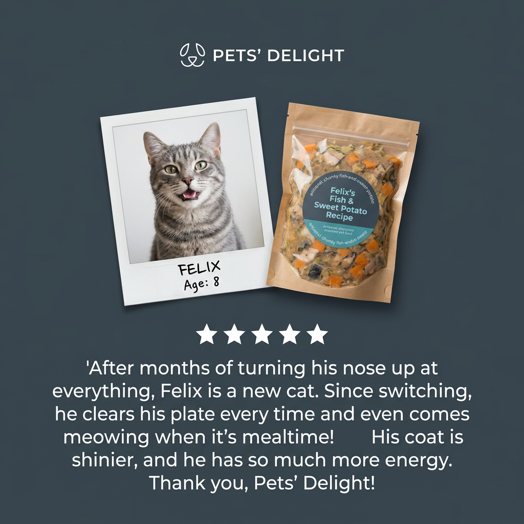 Polaroid of a smiling tabby cat labelled Felix, Age 8, beside a kraft pouch of fish and sweet potato cat food on dark slate
