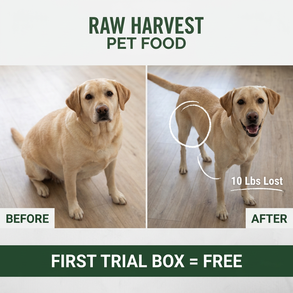 Before photo of an overweight Labrador sitting and after photo of it slimmer and smiling, with 10 lbs lost and a free box