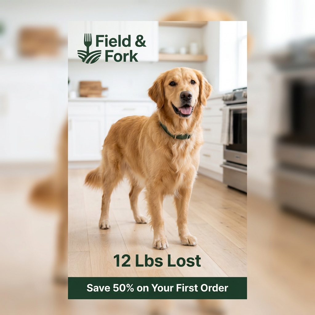 Fit golden retriever in a bright white kitchen inside a framed panel with '12 lbs lost' and save 50% on your first order