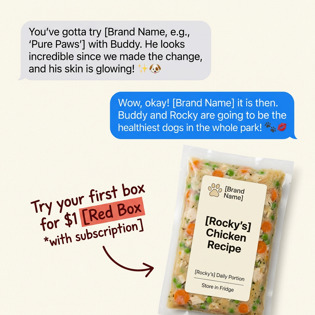 Two text bubbles recommending a fresh dog food brand, above a personalised chicken recipe pack and a $1 first box offer