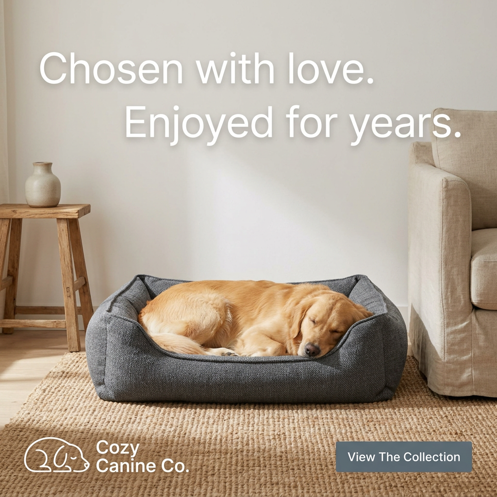 Golden retriever asleep in a grey woven bolster dog bed on a jute rug beside a linen armchair and wooden stool