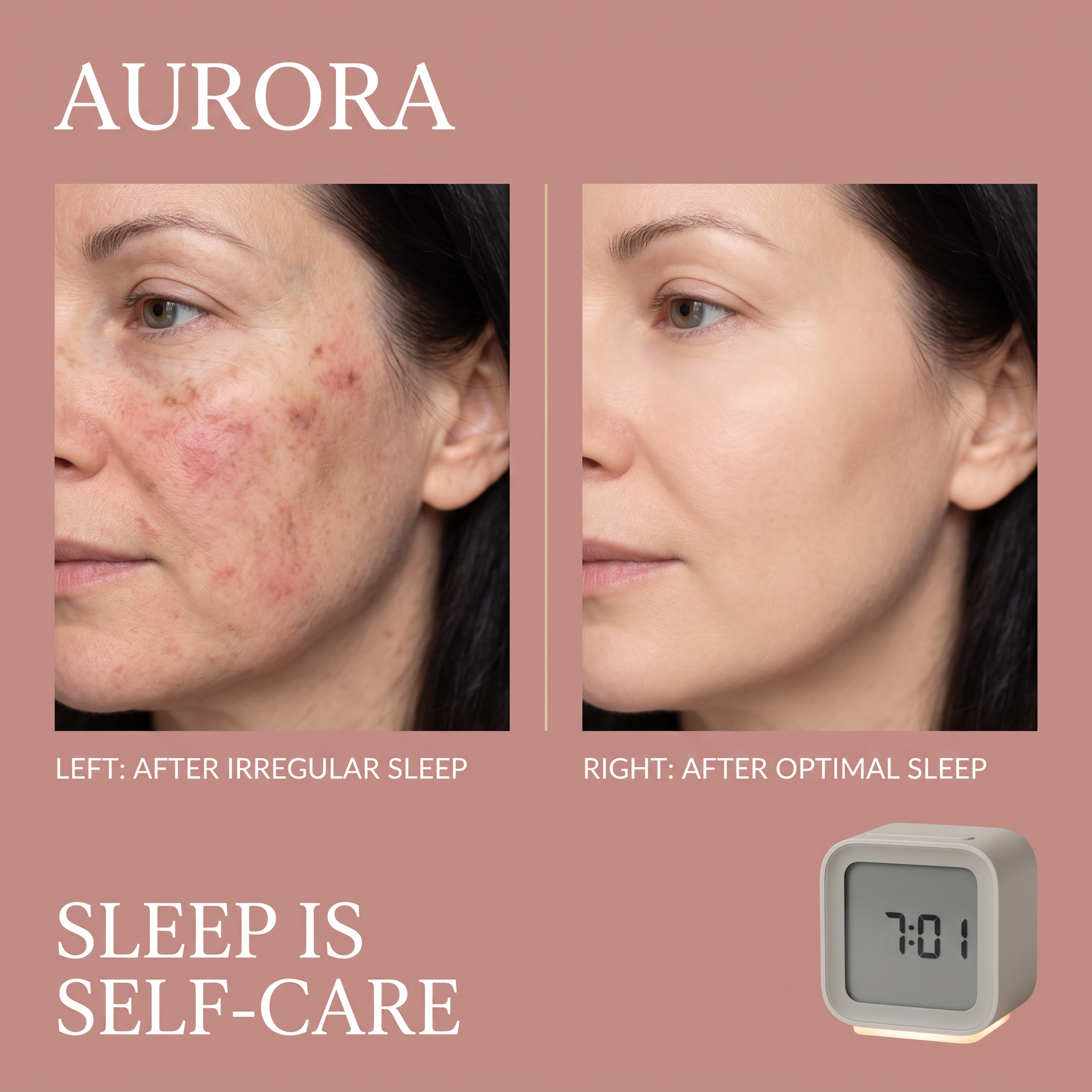 Woman holding a red and white Red Centella Balm tube next to her face on sage green, with four pink benefit pills