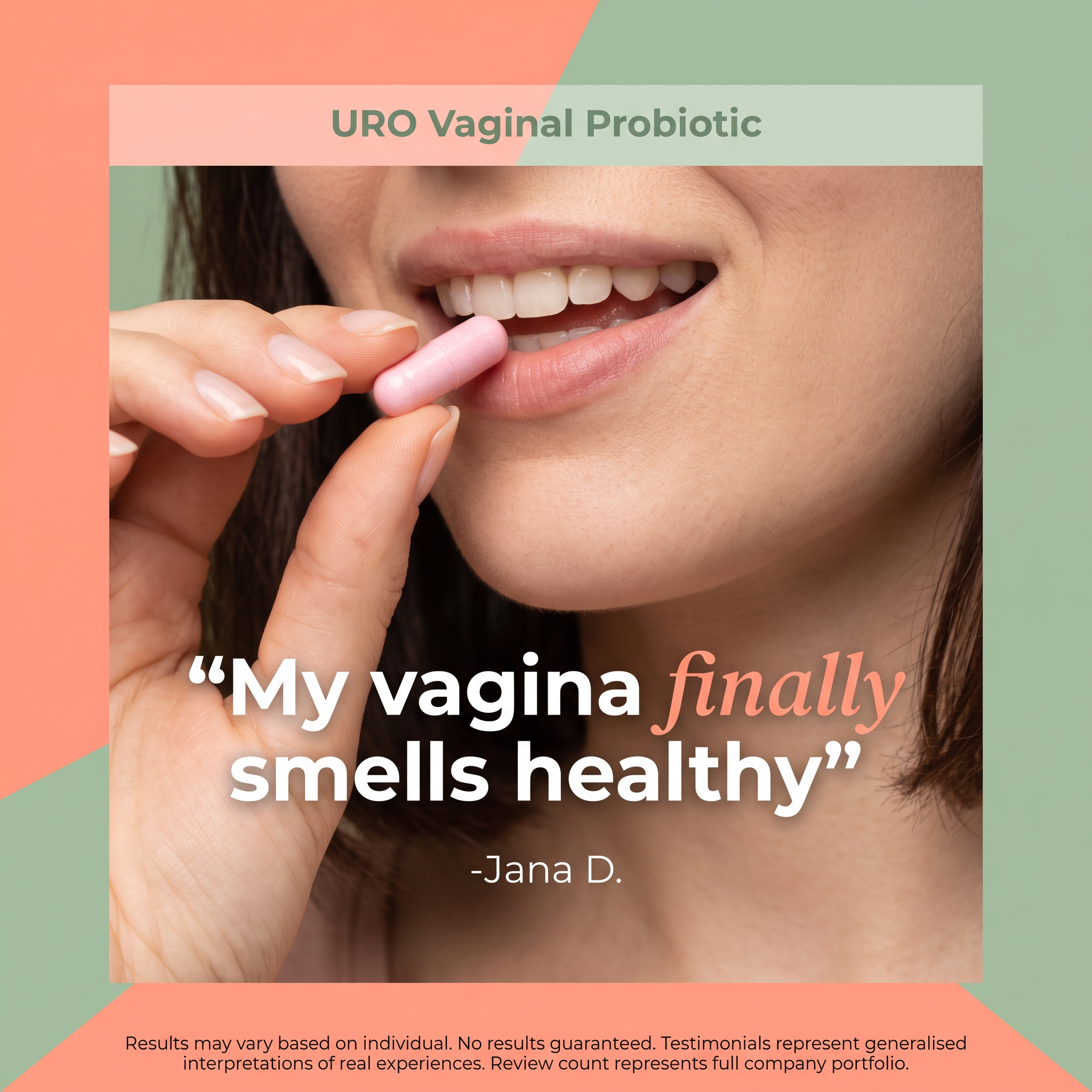 Split ad: smiling woman taking a pink capsule on sage green, and a large white serif customer quote on a burnt orange panel