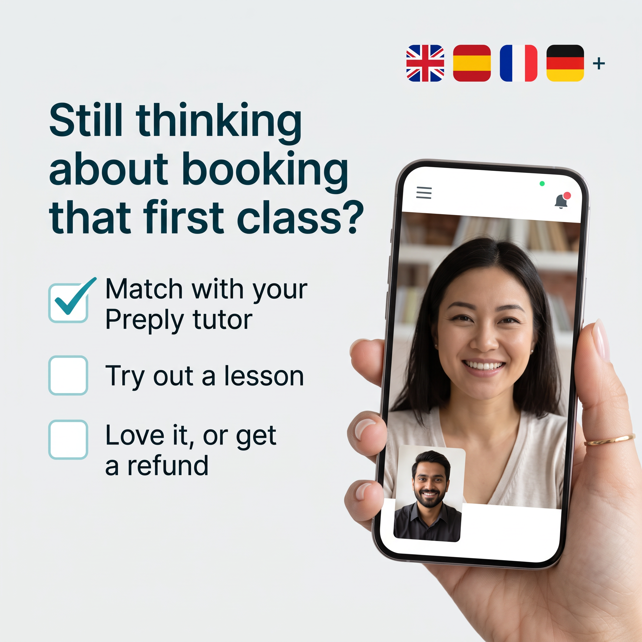 Preply ad with checklist of three steps, first ticked, and a hand holding a phone showing a video call with a smiling tutor