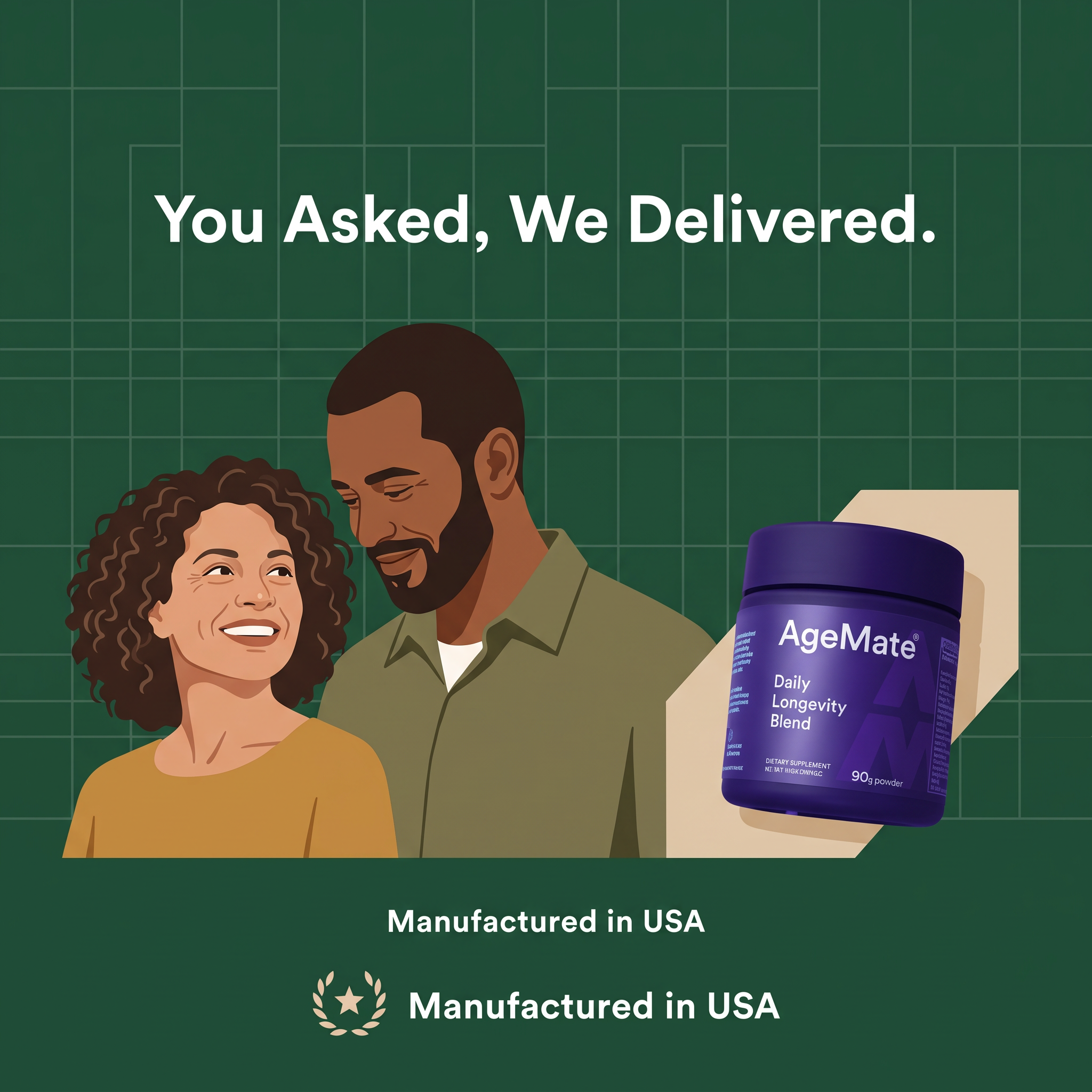 Illustrated smiling couple on a dark green grid background with a purple AgeMate longevity supplement jar and headline