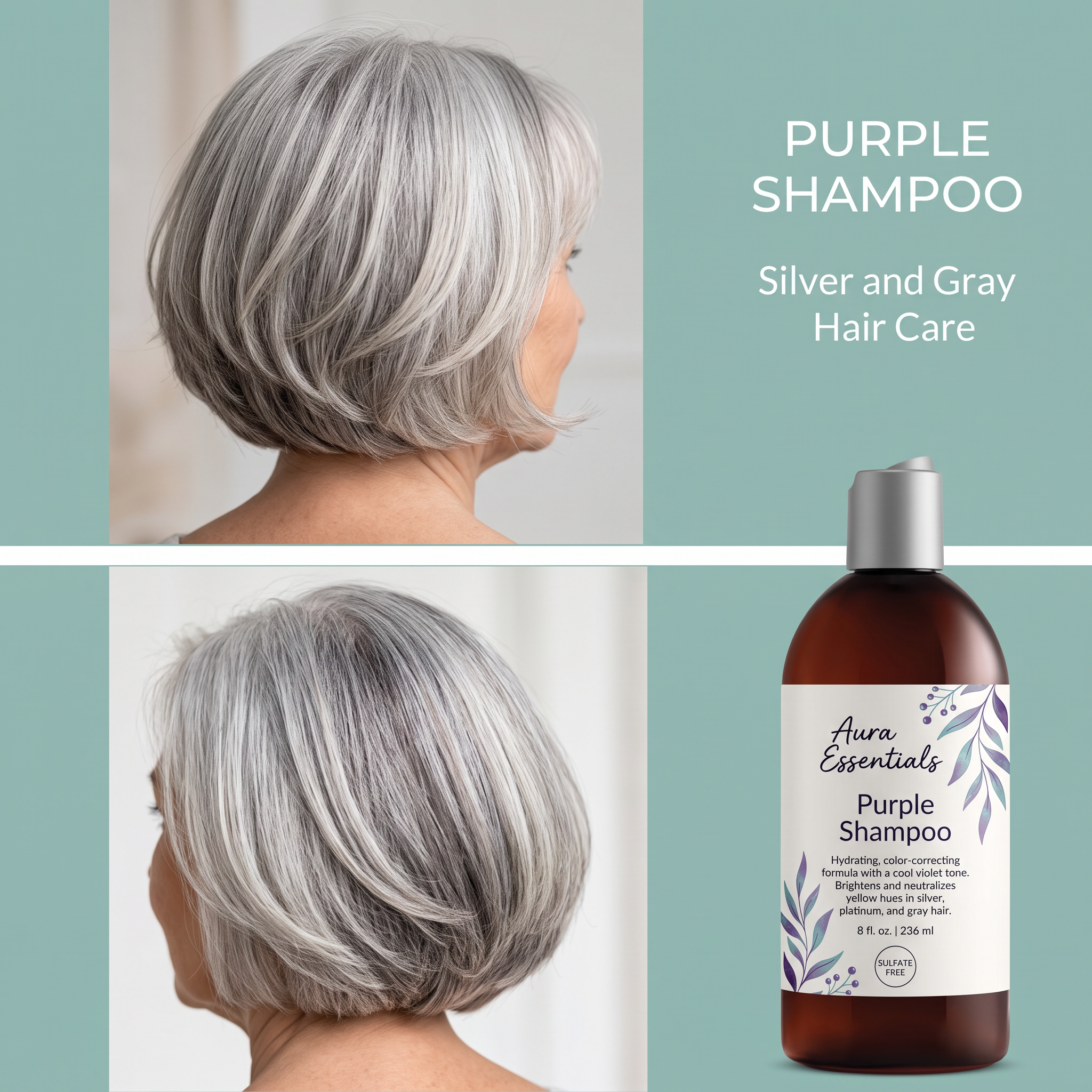 Two photos of a woman's silver gray bob from behind, stacked left, with a purple shampoo bottle on a teal background