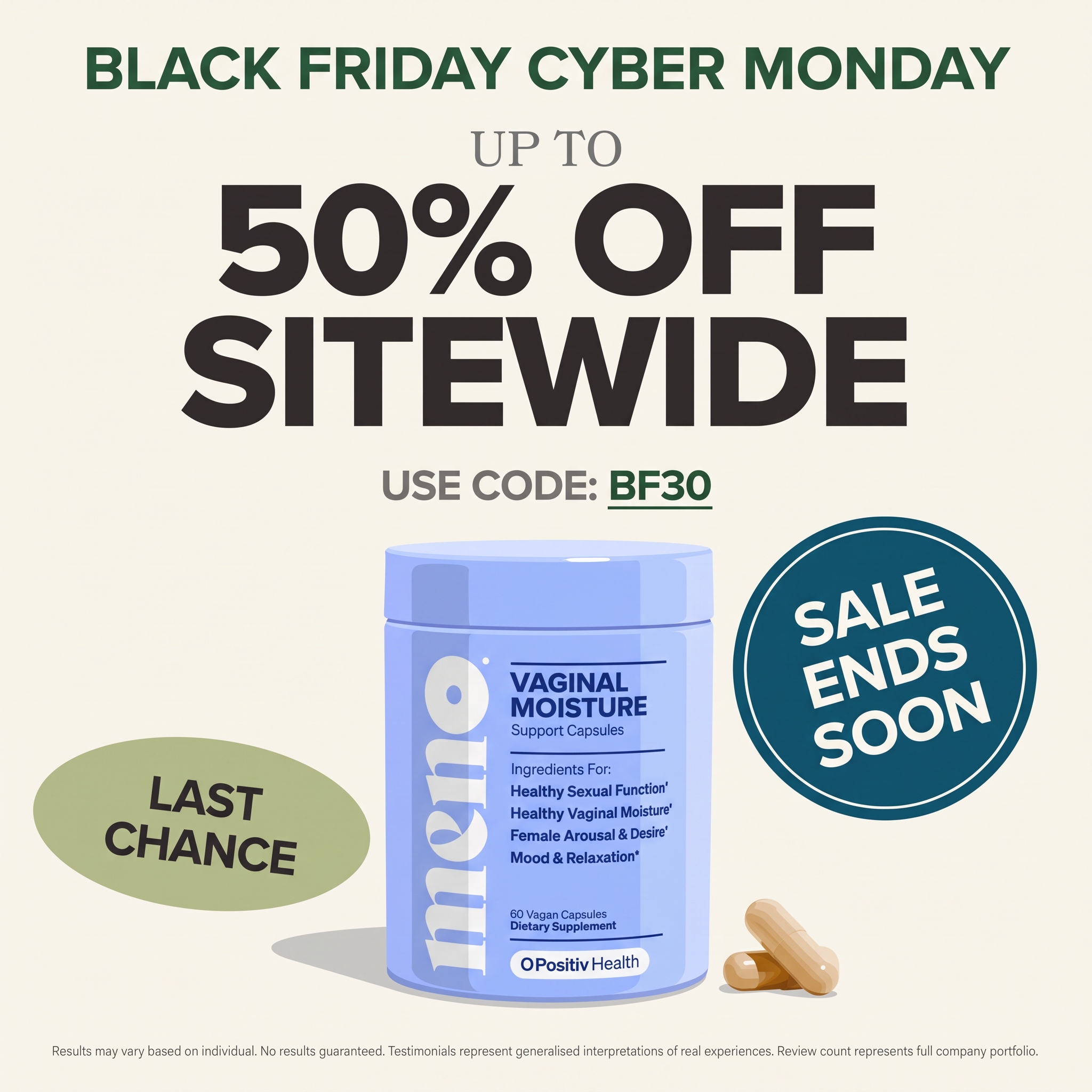 Black Friday Cyber Monday ad with 50% off sitewide headline, code BF30, a blue Memo supplement jar and urgency stickers