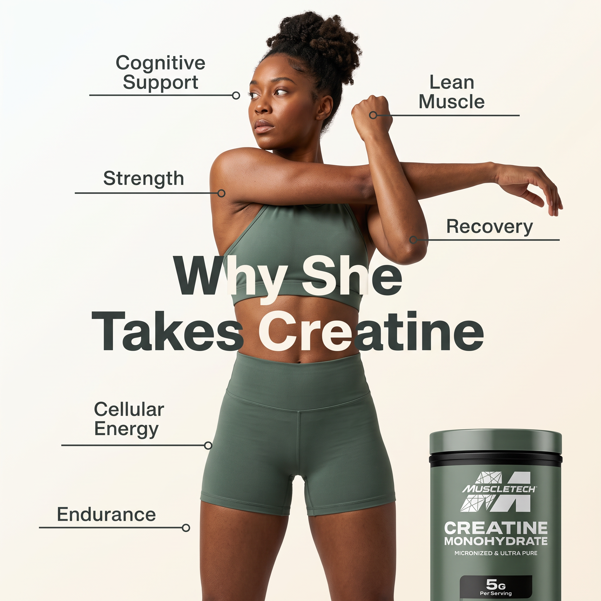 Athletic woman in green sportswear stretching, with six creatine benefit labels pointing to her body and a MuscleTech tub