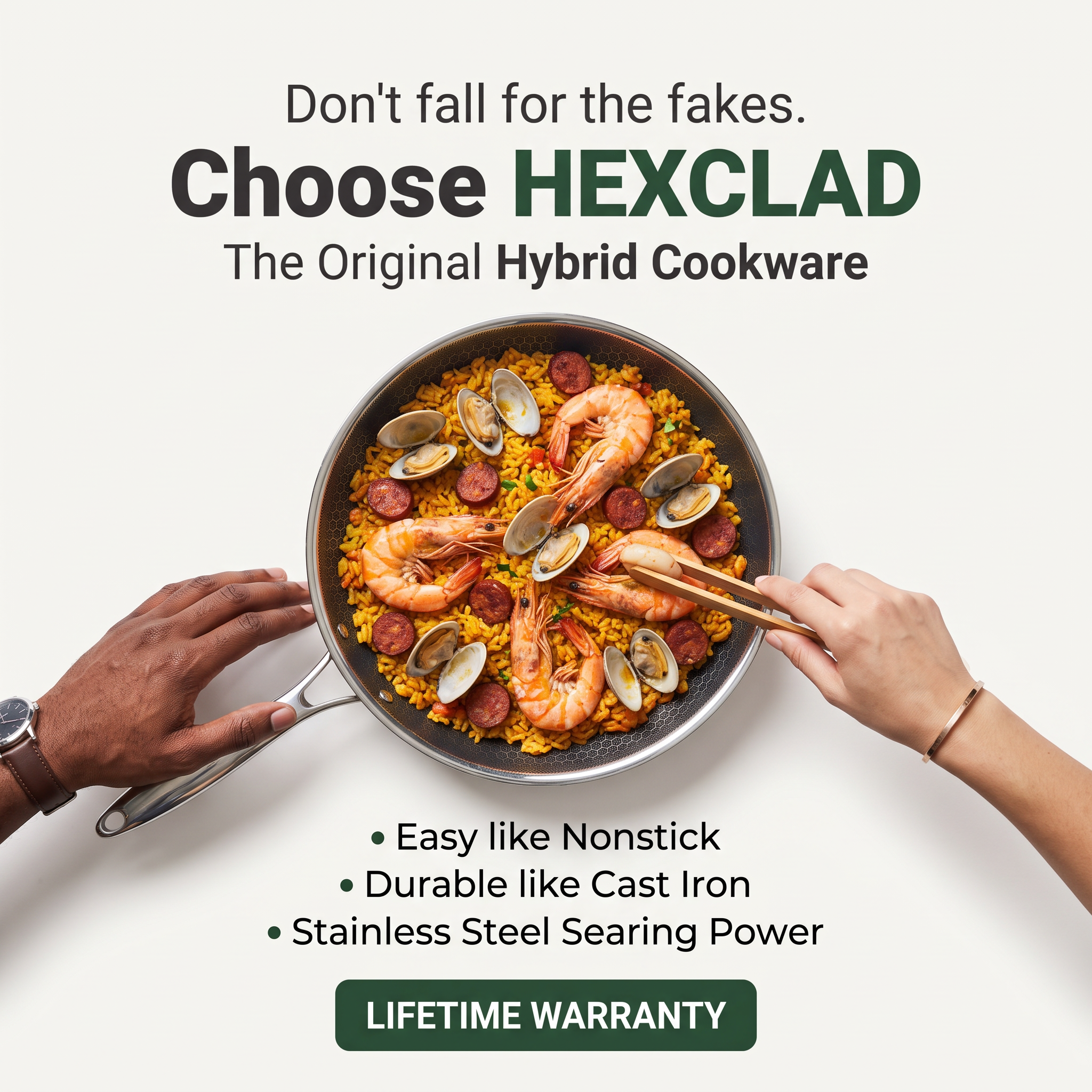 Top-down HexClad pan of seafood paella held by two hands, with three benefit bullets and a lifetime warranty badge