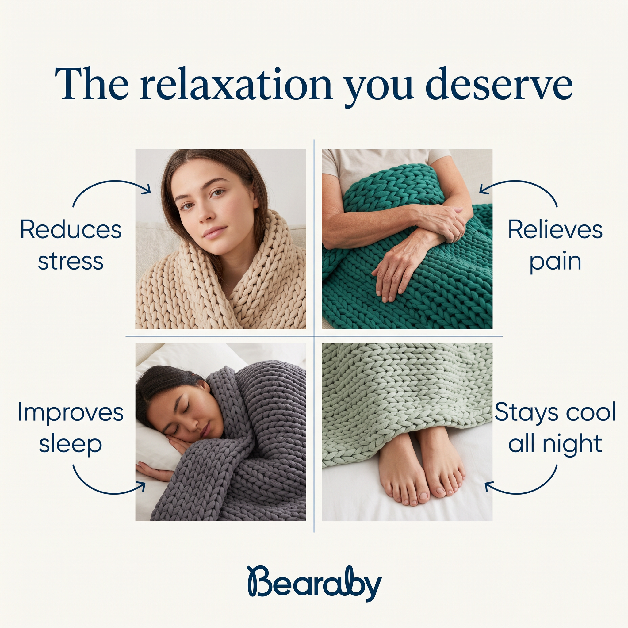 Four-photo grid of people wrapped in chunky knit weighted blankets in beige, green, grey and sage with benefit labels
