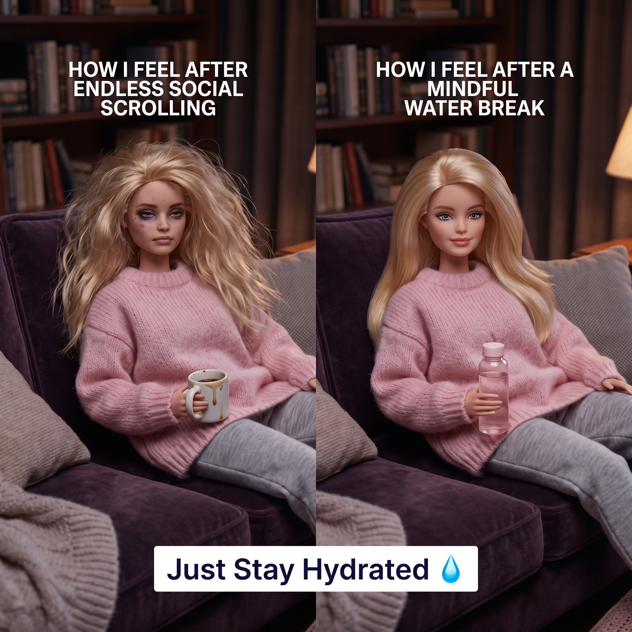 Split image of a doll on a purple sofa, frazzled with a stained mug on the left, refreshed with a water bottle on the right