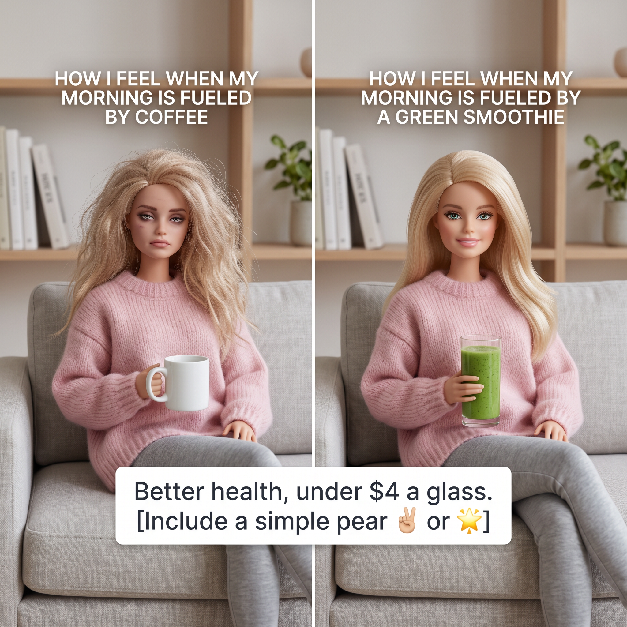 Split image of a doll on a grey sofa, messy-haired with coffee on the left and glowing with a green smoothie on the right