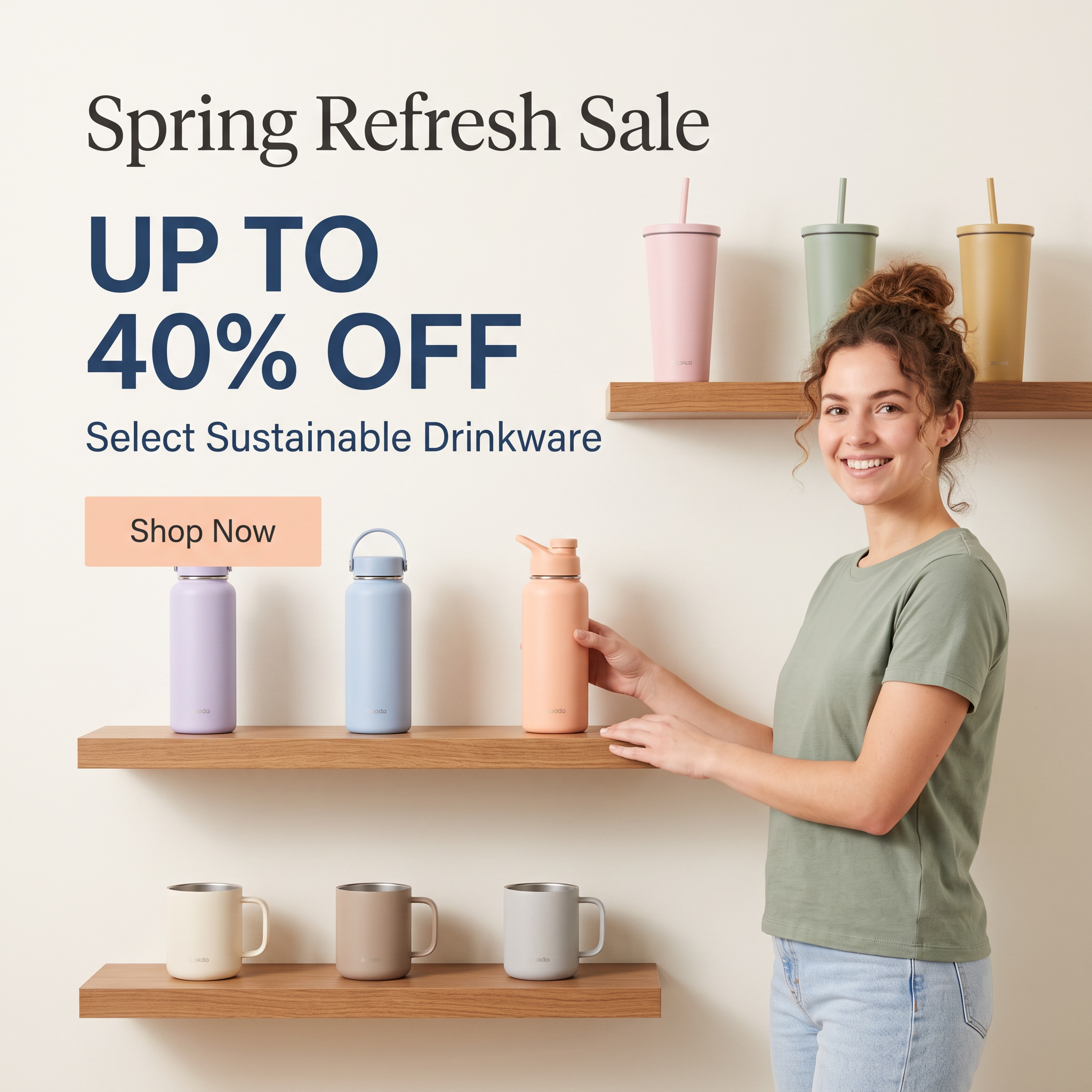 Smiling woman placing a peach water bottle on a wooden shelf of pastel bottles, tumblers and mugs beside Up to 40% off text