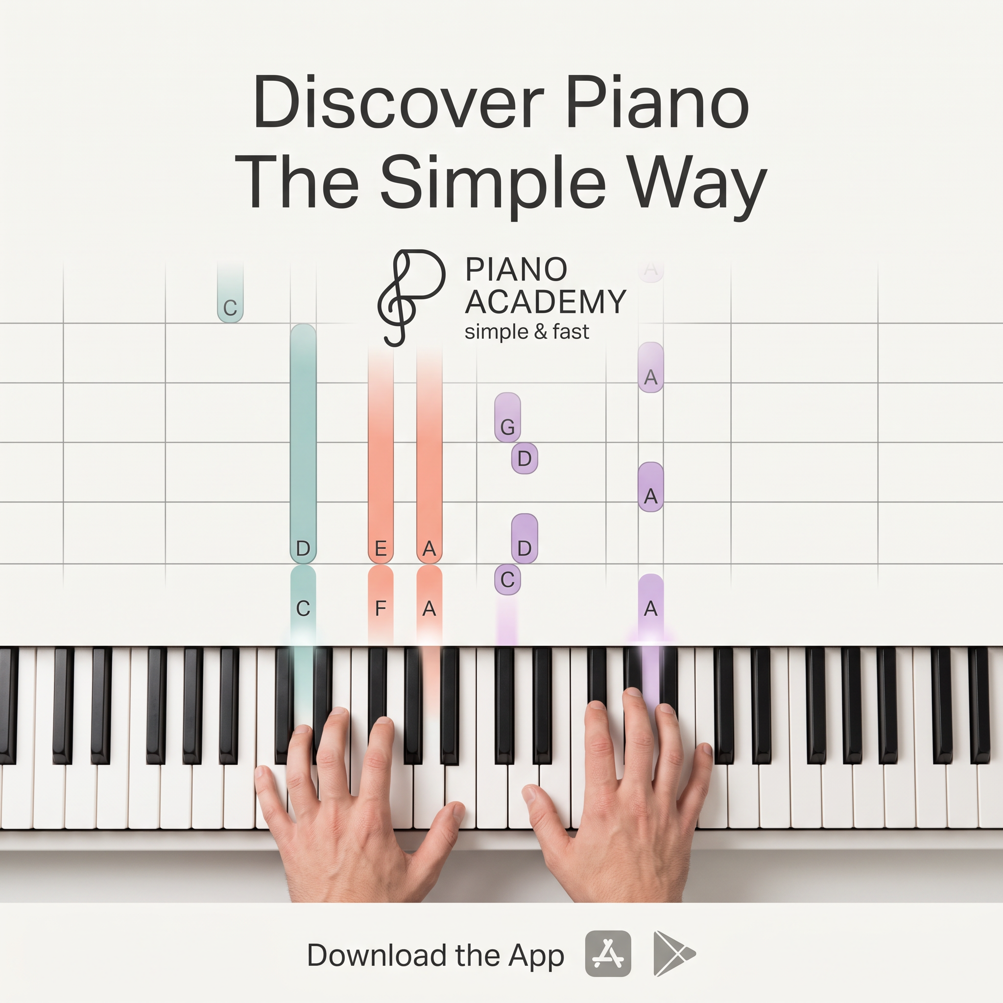 Two hands on a piano keyboard with pastel falling note bars labelled C, D, E and A under a Discover Piano headline