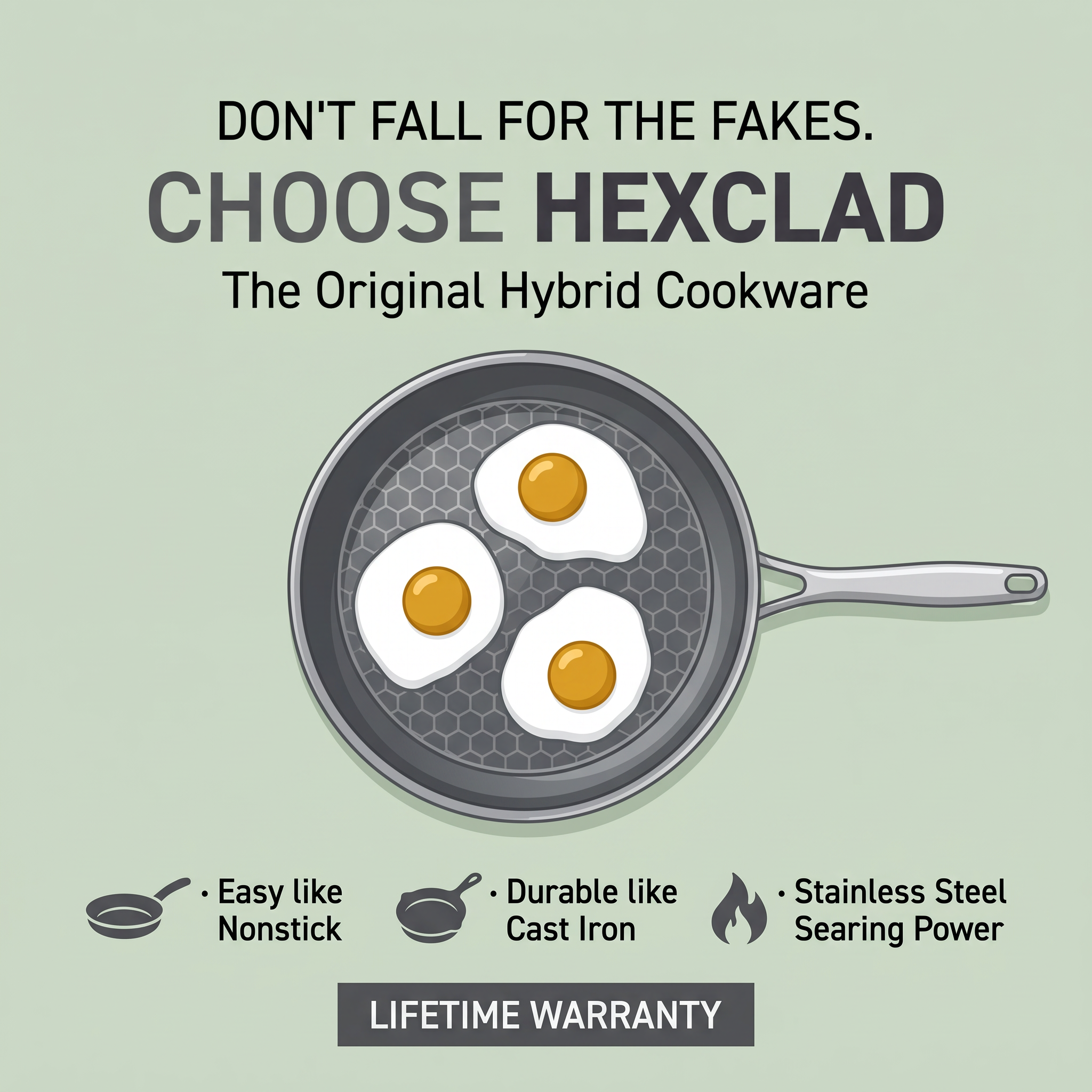 HexClad ad with a hexagon-patterned frying pan holding three fried eggs, benefit icons and a lifetime warranty badge