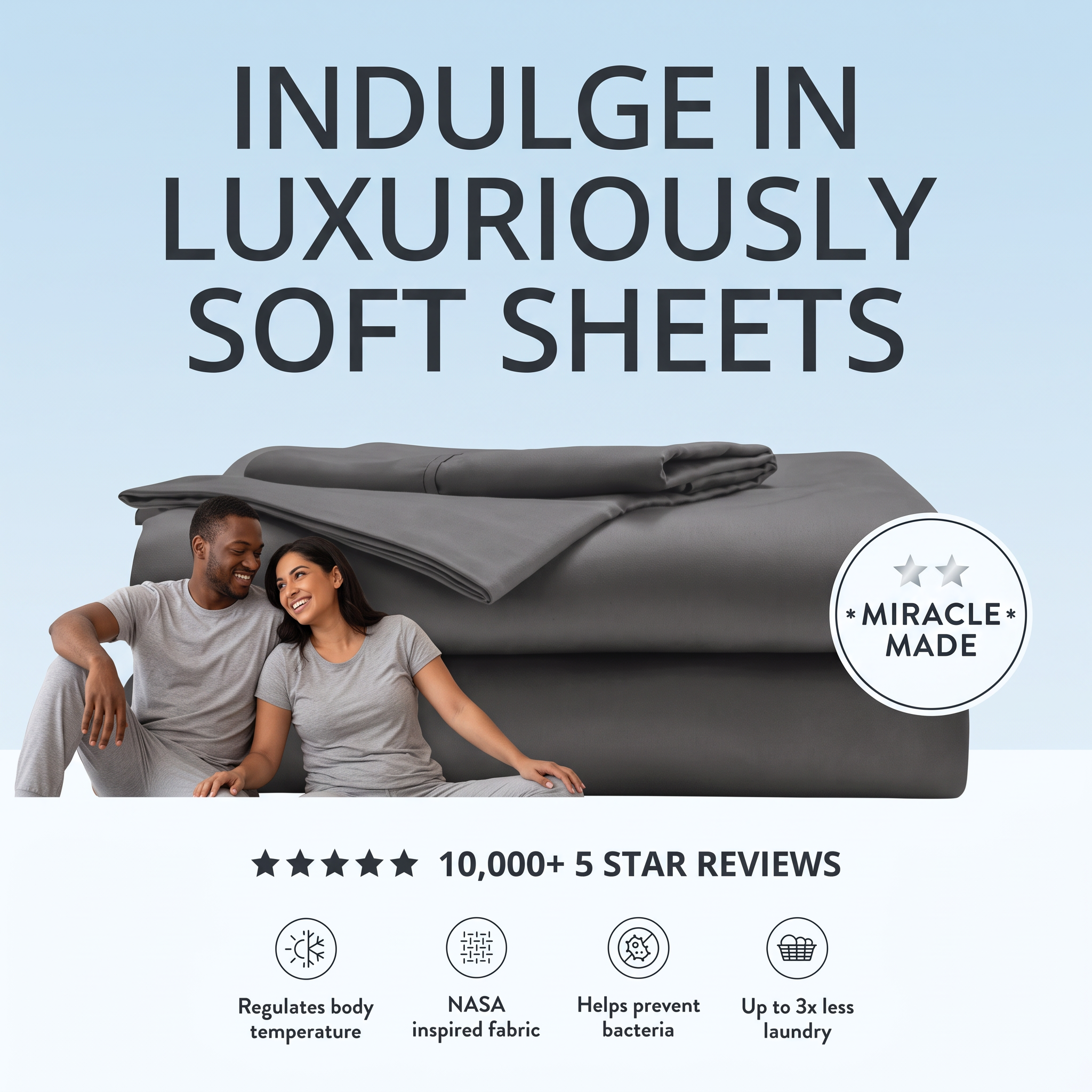 Family of three asleep in bed on cream sheets with headline Luxuriously Soft Sheets, gold badge and four feature icons