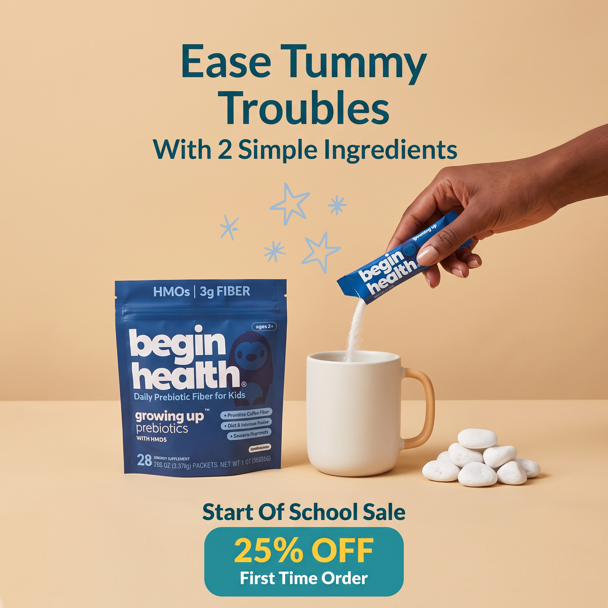 Hand pouring Begin Health prebiotic fiber stick into a white mug next to the blue pouch, with a 25% off first order badge