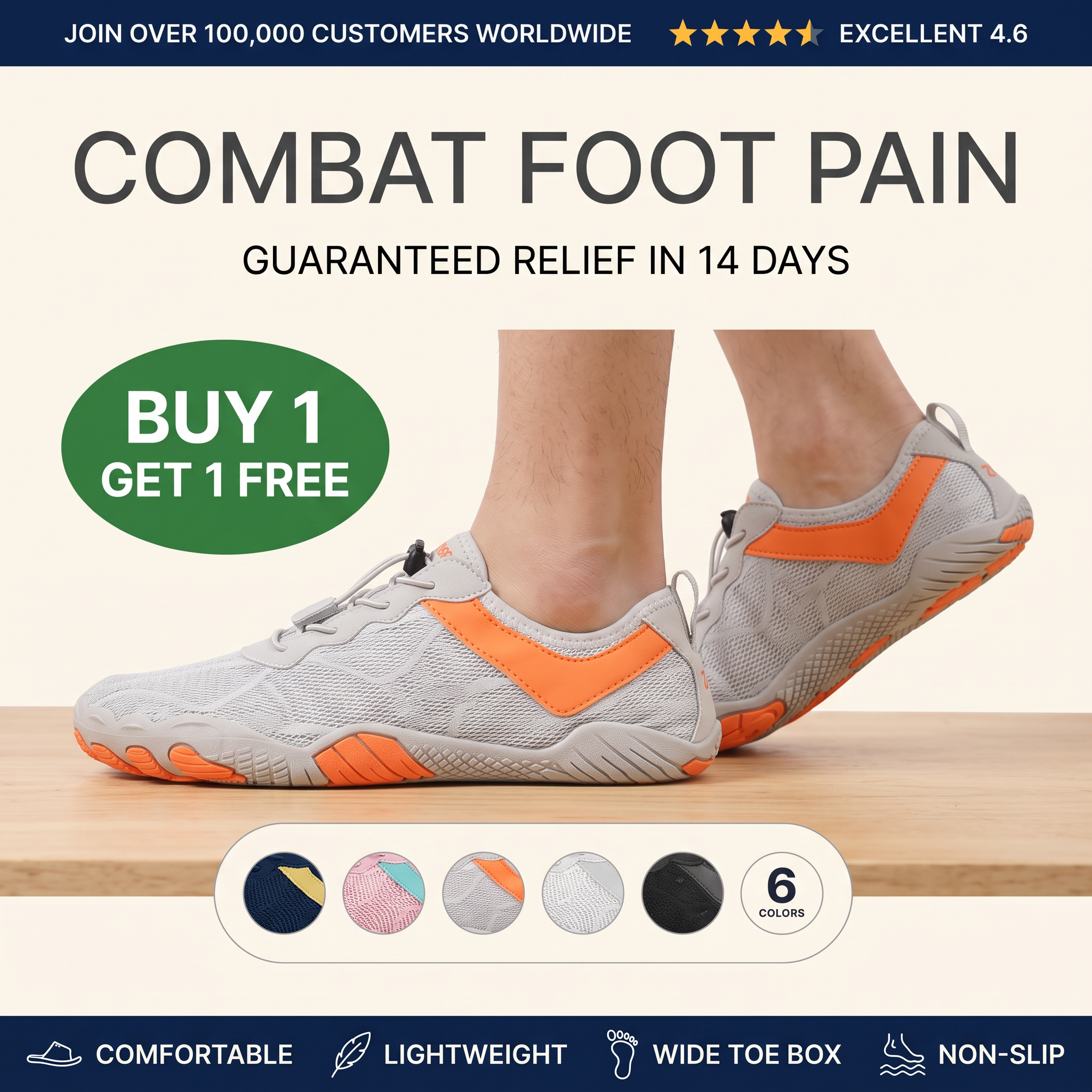 Grey and orange barefoot shoes worn on a wooden surface with 'Combat Foot Pain' headline, BOGO badge and colour options