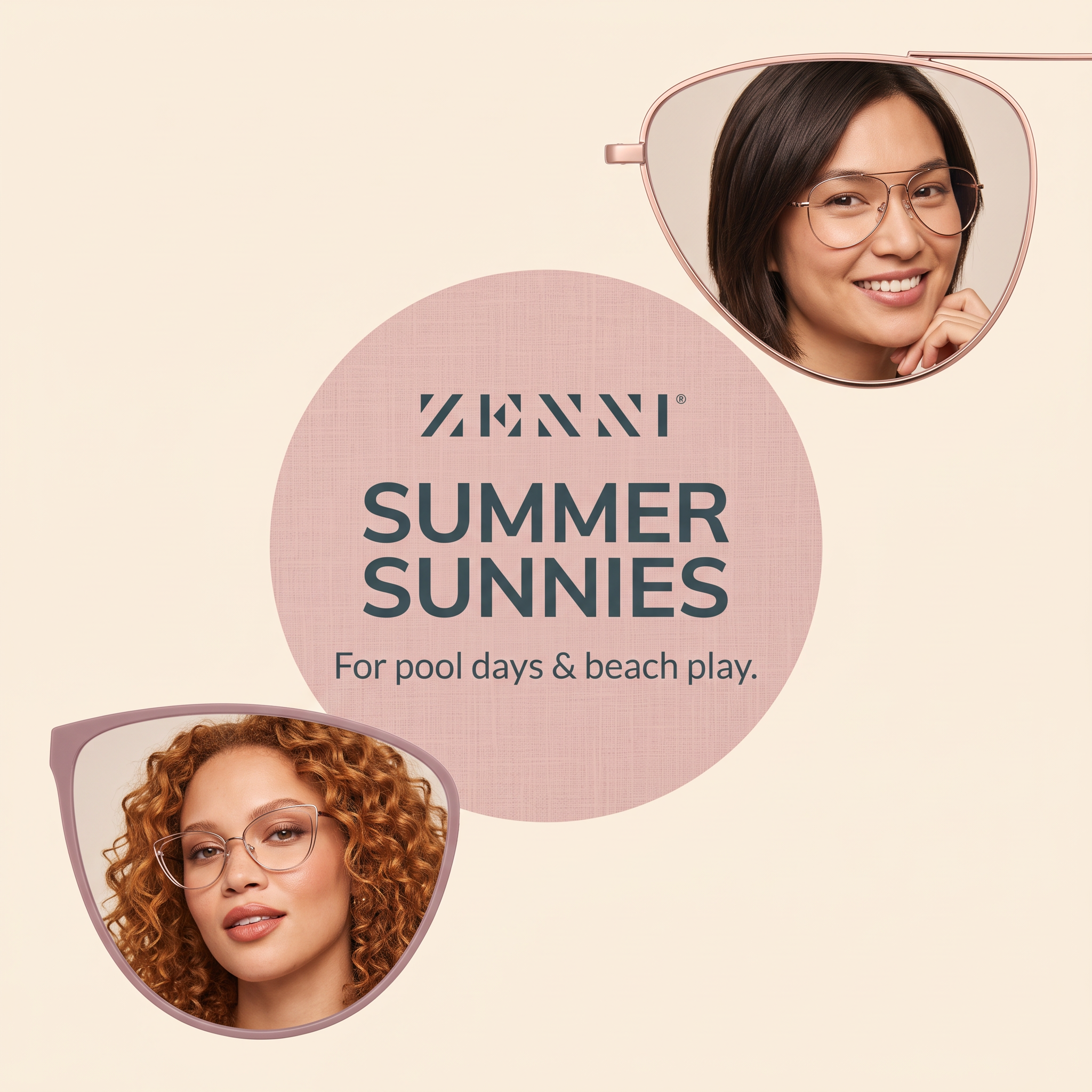 Zenni ad with two smiling women in glasses framed inside oversized lens shapes around a pink circle reading Summer Sunnies
