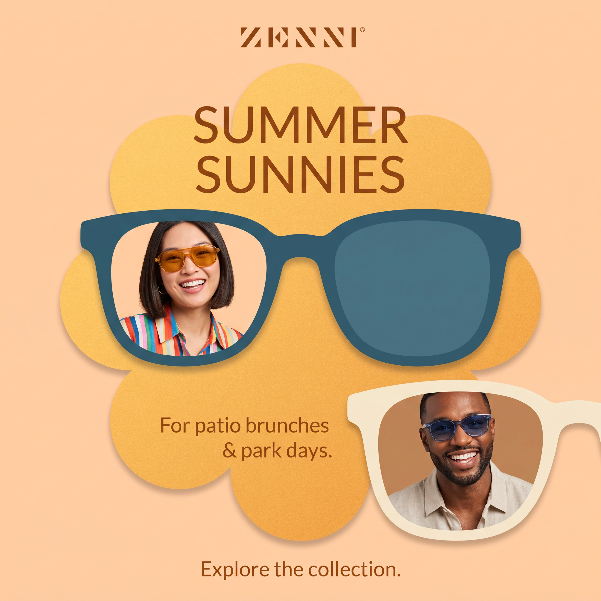 Zenni ad with smiling woman in orange sunglasses and man in blue sunglasses inside giant glasses frames on a yellow flower