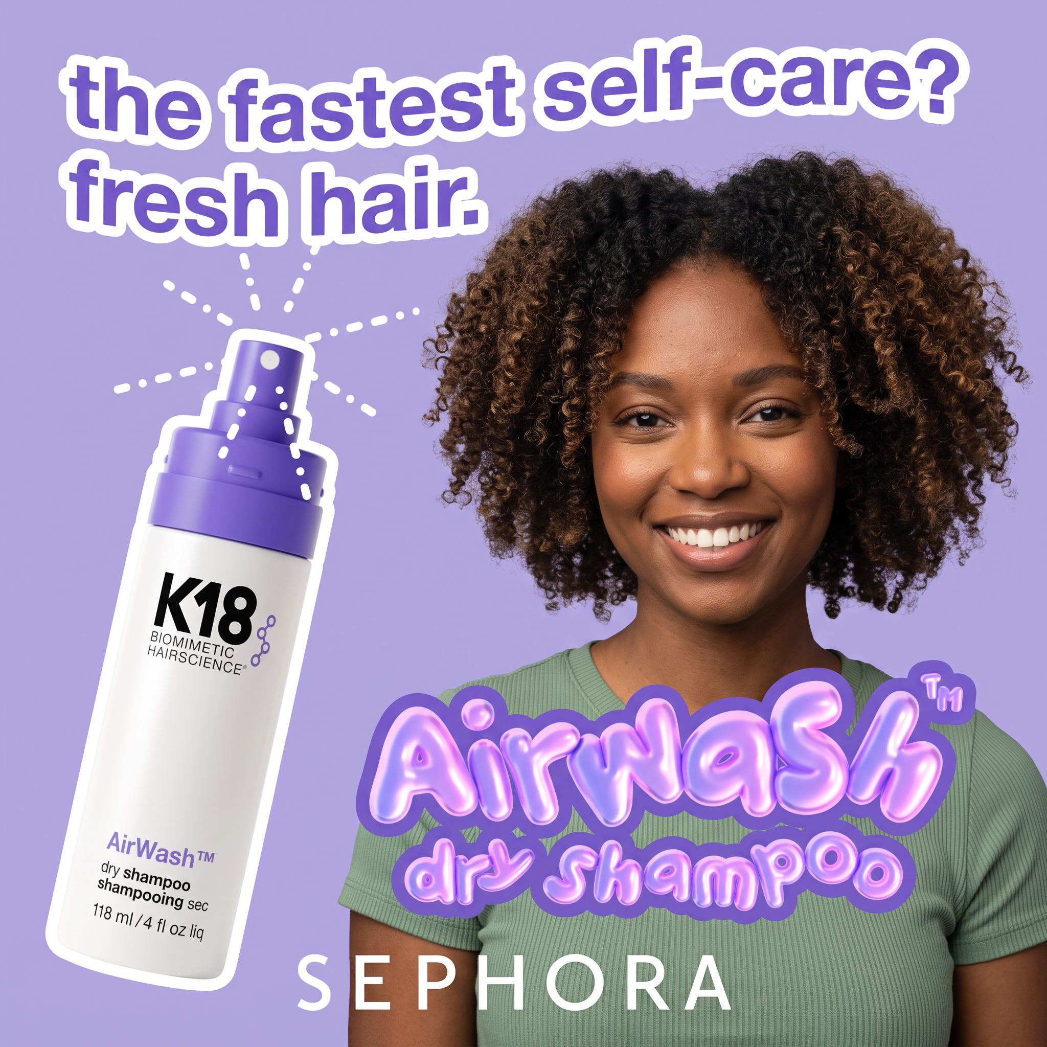 K18 AirWash dry shampoo bottle with spray lines beside smiling woman with curly hair on lavender background, Sephora logo