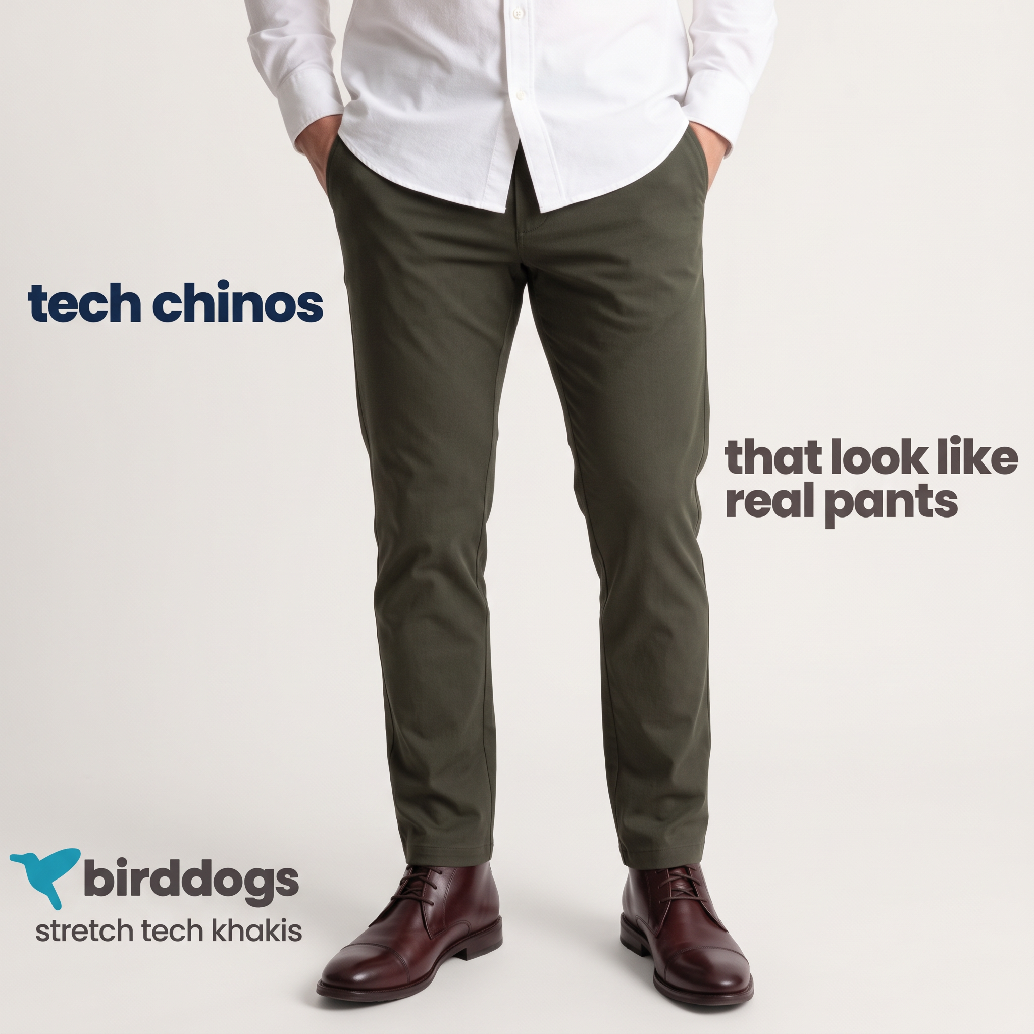 Man in white shirt, olive green Birddogs tech chinos and burgundy boots on light grey background with headline text