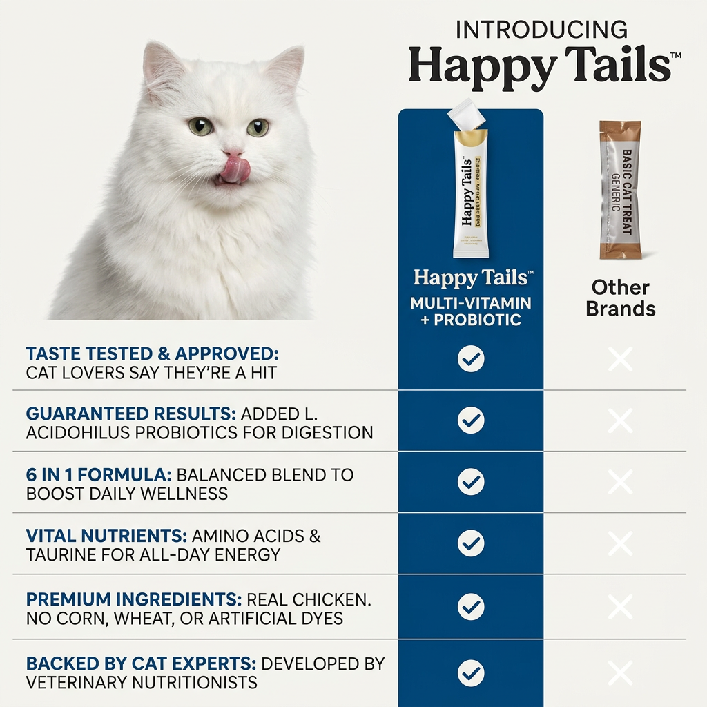 White cat licking its lips beside a navy chart showing six ticks for Happy Tails treats and crosses for other brands