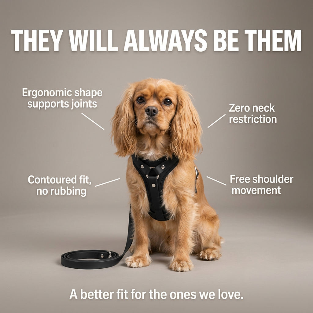 Cavalier King Charles spaniel in a black harness on a grey studio background, with four callouts about fit and comfort