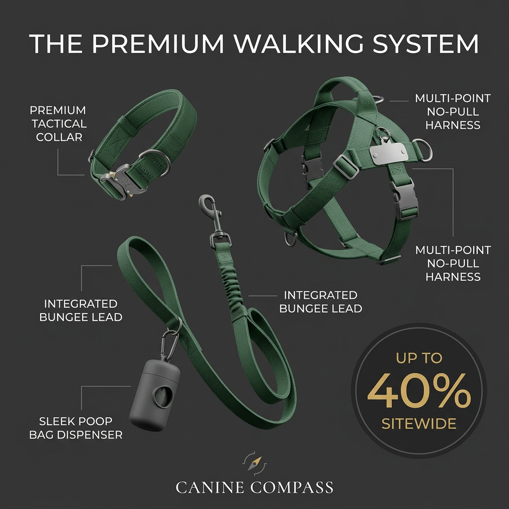 Forest-green dog collar, harness and bungee lead with a black poop bag dispenser on charcoal, labelled, with a 40% badge