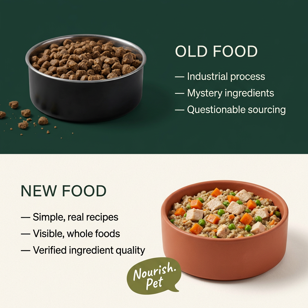 Top: black bowl of kibble labelled Old Food on dark green. Bottom: terracotta bowl of fresh food labelled New Food