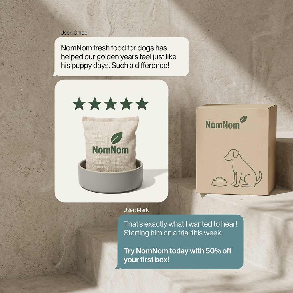 Two chat bubbles from Chloe and Mark about NomNom dog food, a five-star product card and a kraft NomNom box on stone steps