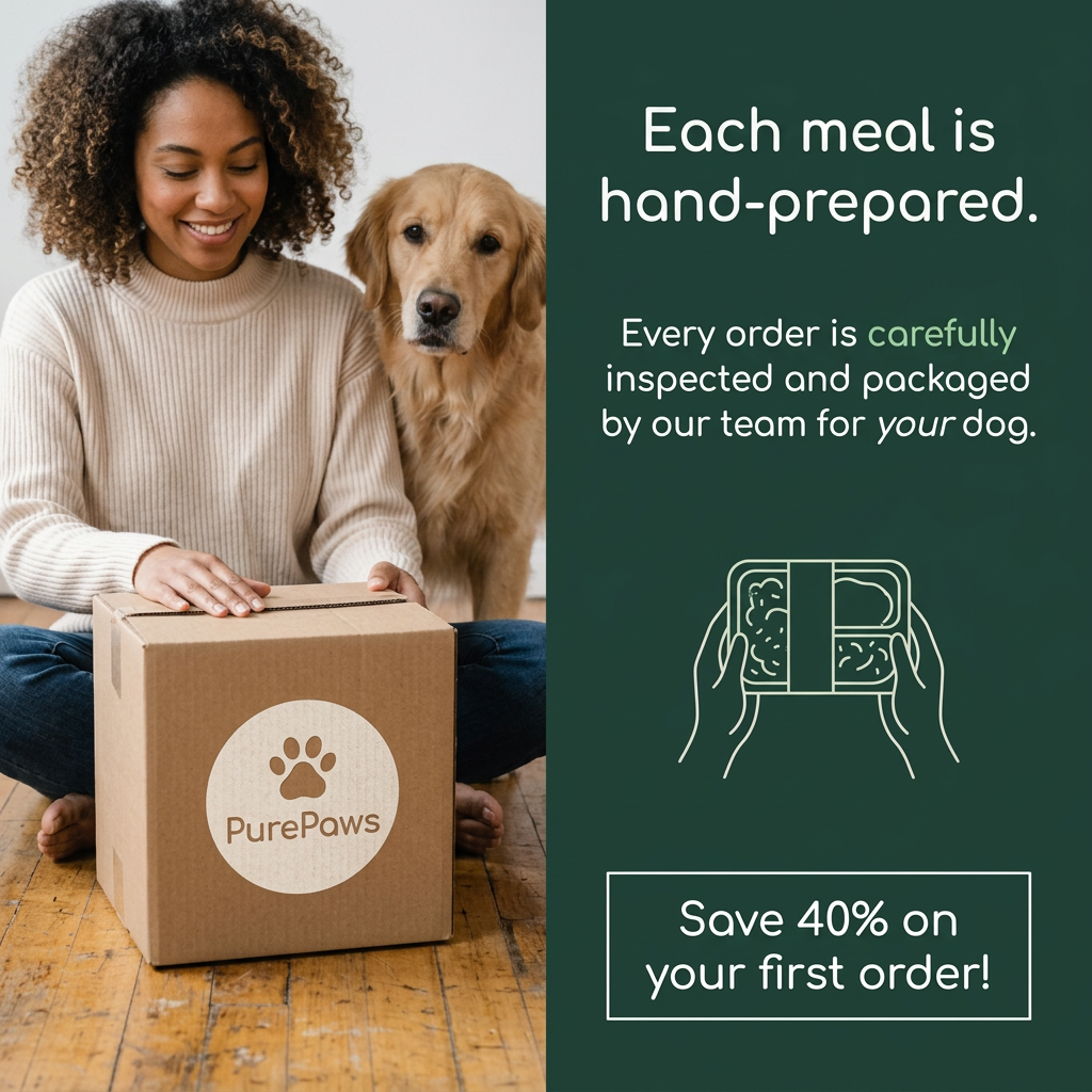 Smiling woman opening a PurePaws delivery box on a wooden floor with a golden retriever, beside a green panel with the offer