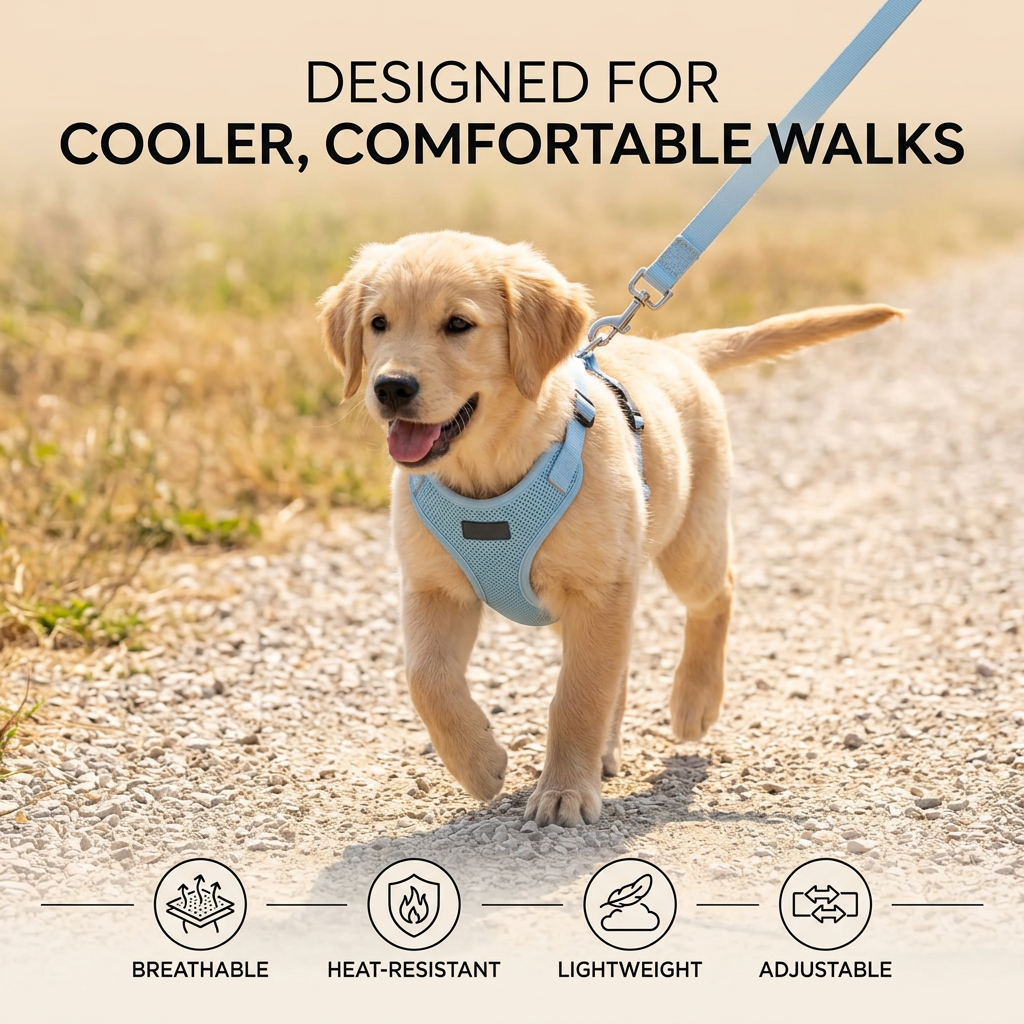 Golden retriever puppy trotting on a sunny gravel path in a pale blue mesh harness, with four feature icons below