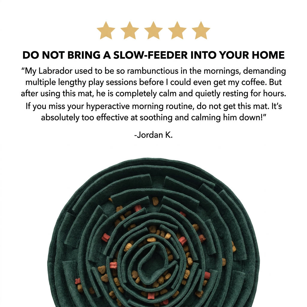 Five stars and a review about a calmer Labrador above a dark green spiral felt slow-feeder mat filled with kibble