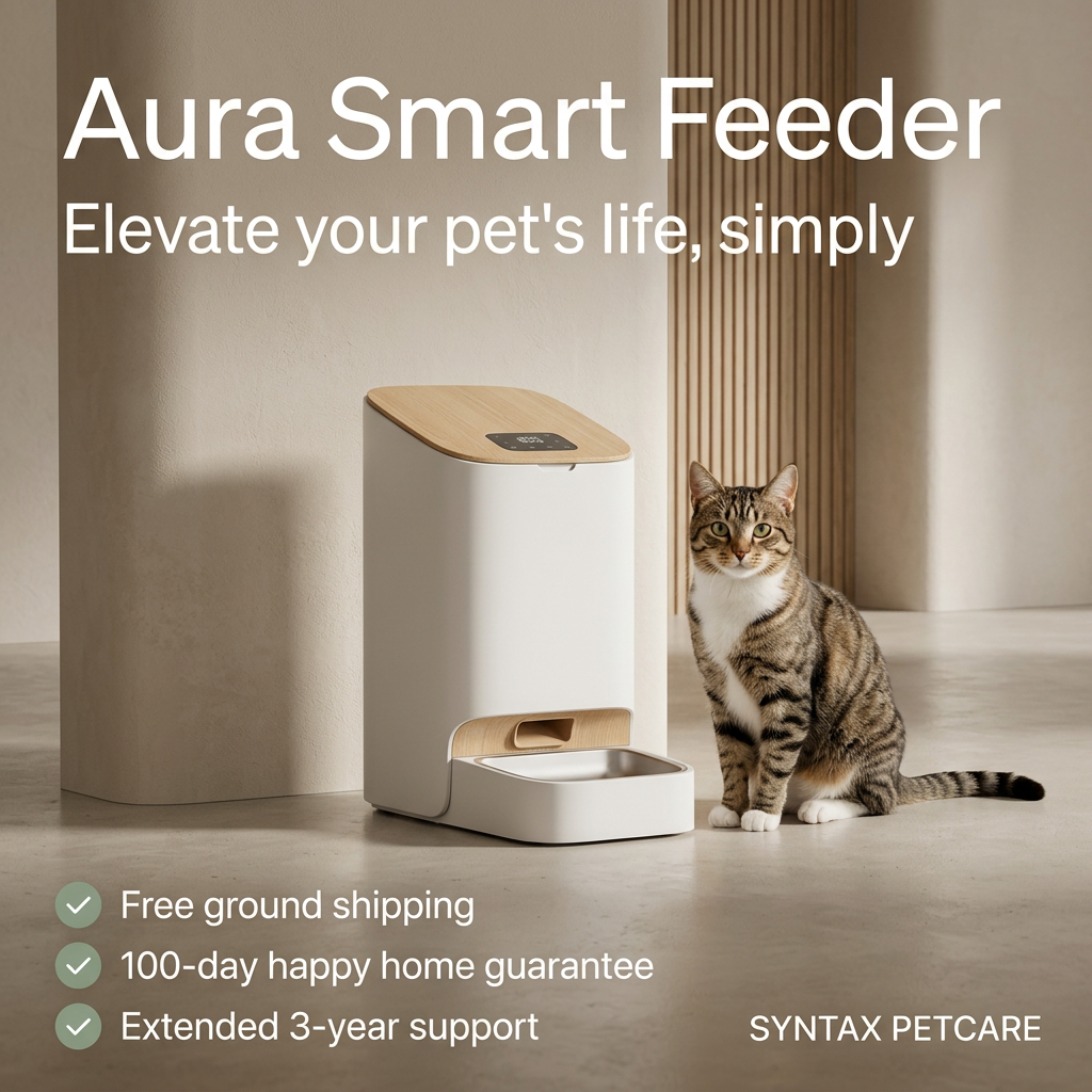 White and wood Aura Smart Feeder beside a sitting tabby cat in a neutral room, with three ticks for shipping and guarantees